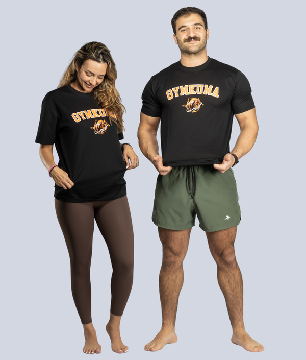 Varsity Bear T-Shirt in Black and Orange, view 2 — GYMKUMA