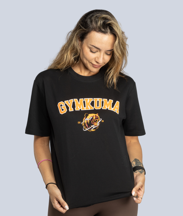 Varsity Bear Women's T-Shirt in Black and Orange, view 2 — GYMKUMA
