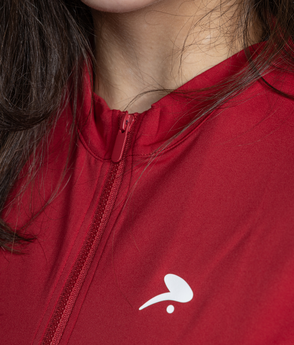 Passion LS Zip Up Top in Red, view 2 — GYMKUMA