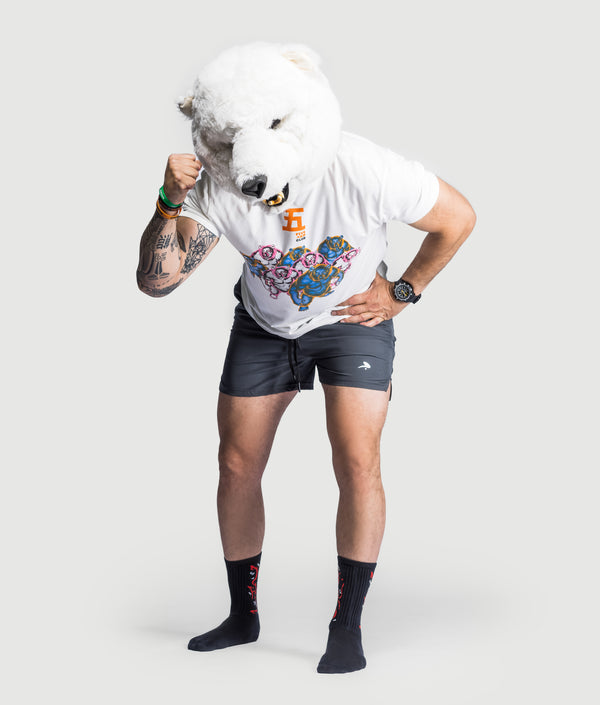 Kuma Bolt Shorts in Gray, view 2 — GYMKUMA