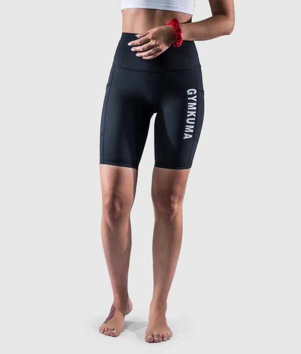 Black biker shorts with side cargo pockets