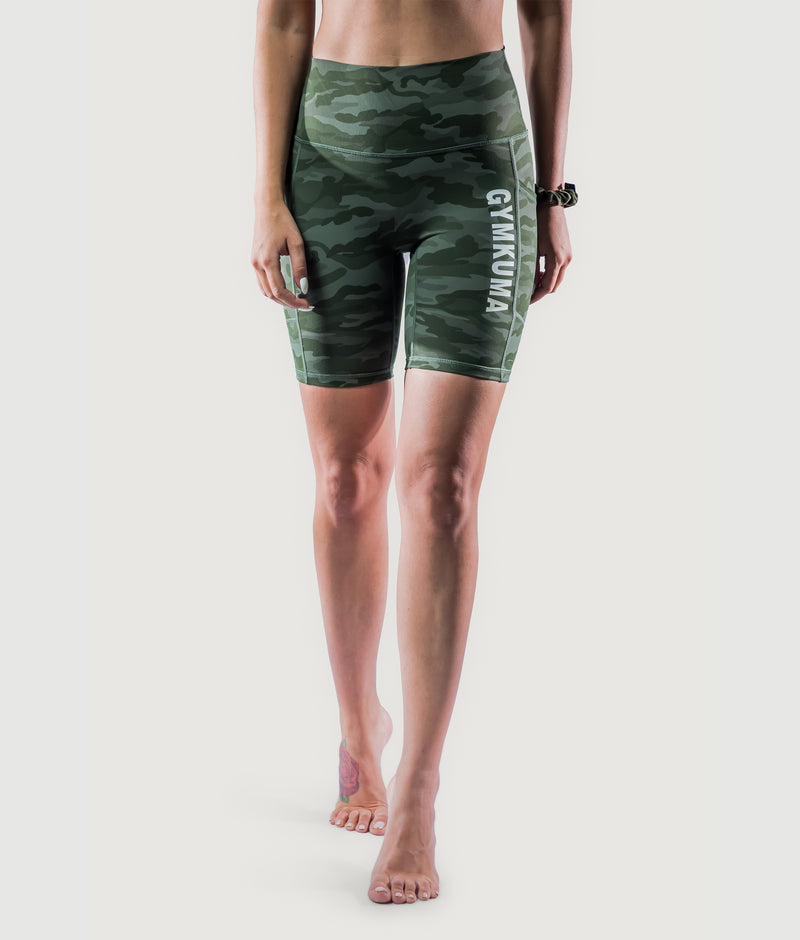 High-Waist Cargo Biker Shorts- Hunter Camouflage
