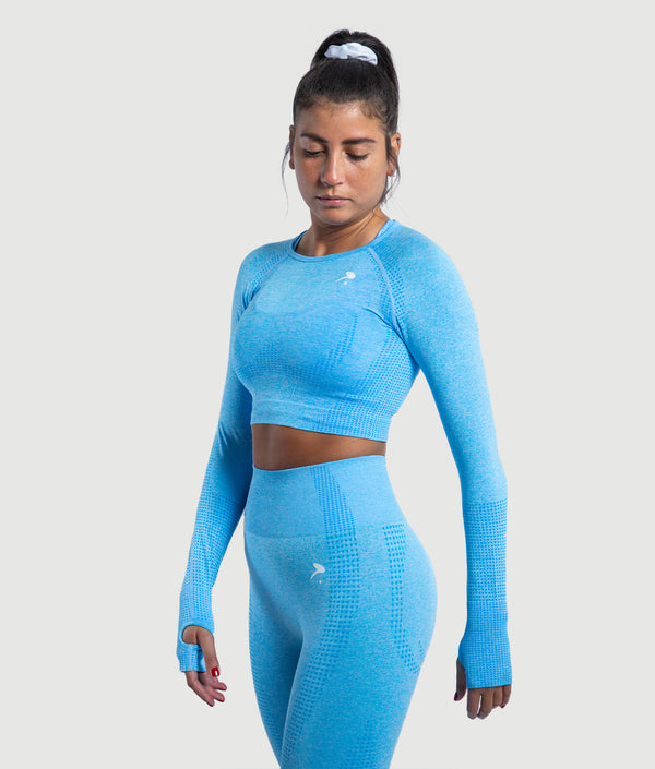 GYMKUMA Athena long sleeve seamless crop top in Sky Blue