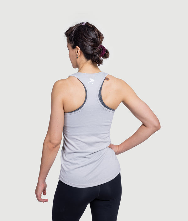 Gray racerback training tank by GYMKUMA