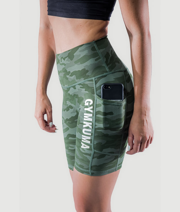 High-Waist Cargo Biker Shorts- Hunter Camouflage